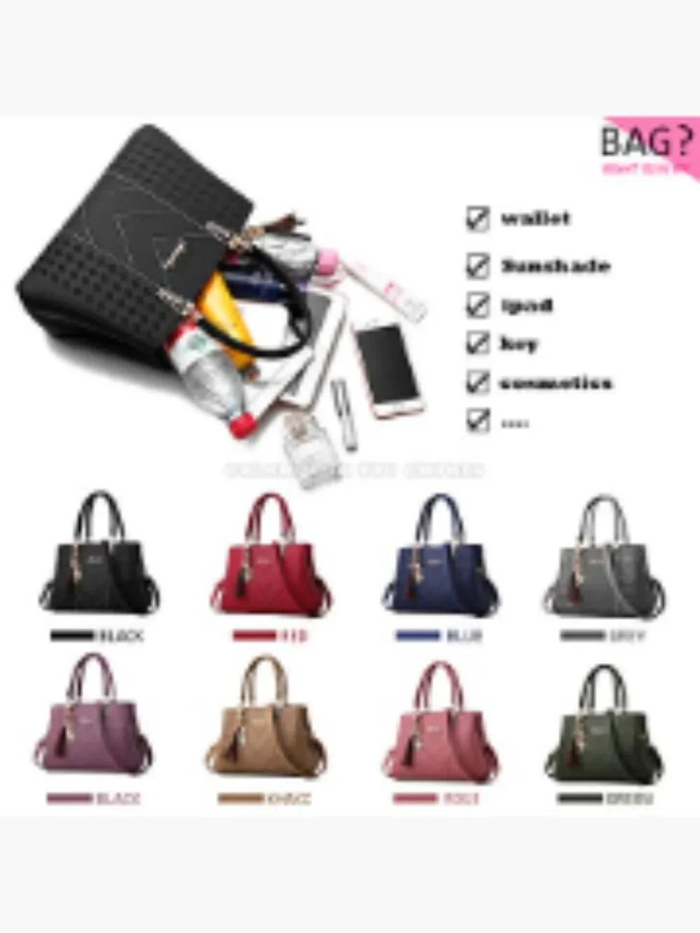 Faux Leather Satchel Tote Bag with Crossbody Strap, 7 Pockets, Medium Size